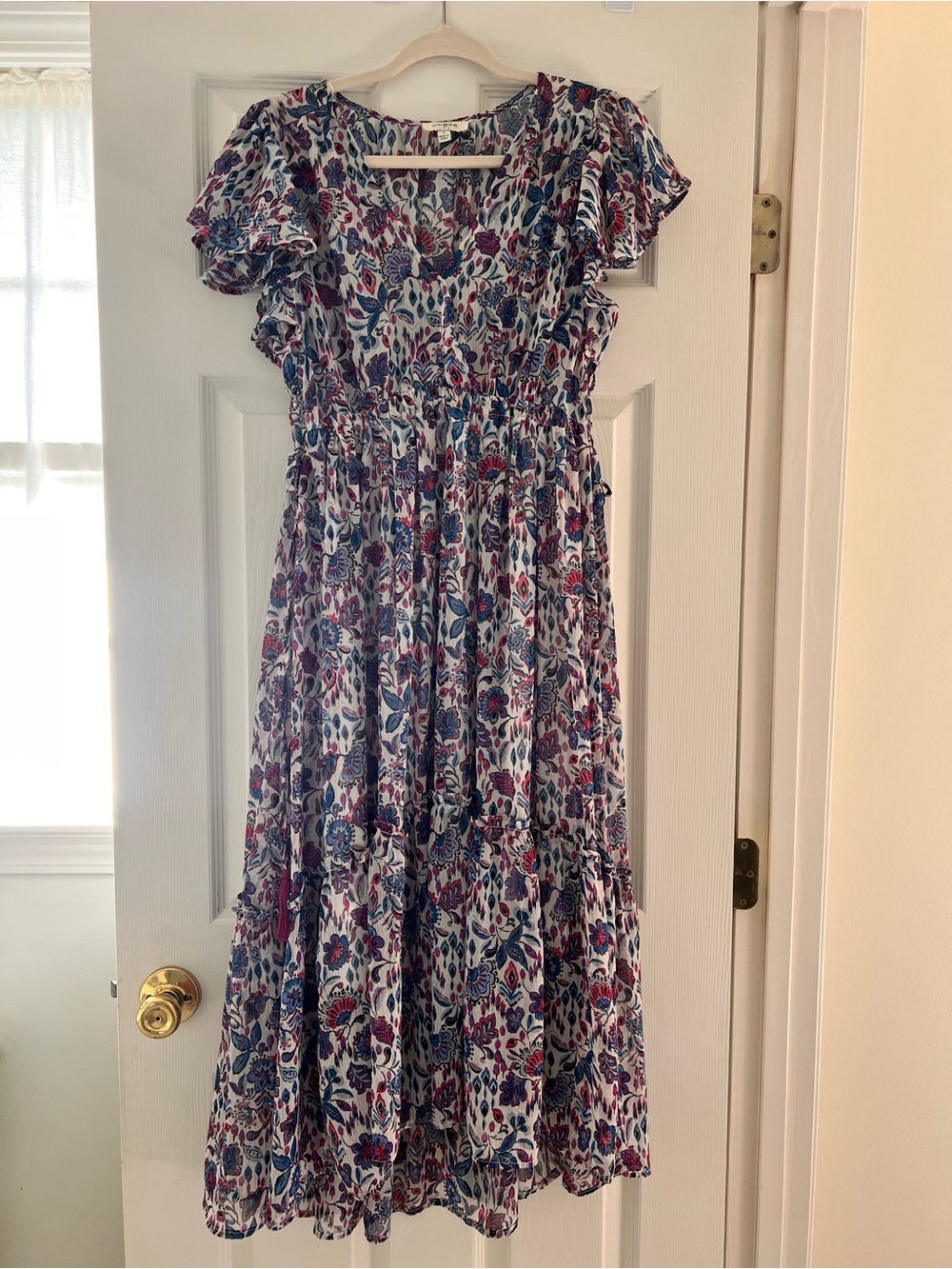 Umgee White Floral Midi Dress with Blue & Pink Accents